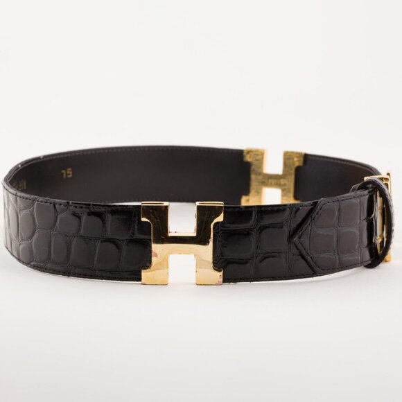 1970s/1980s Vintage "H" Buckle Black Faux Croc Waist Belt Sz XS S - Picture 2 of 8
